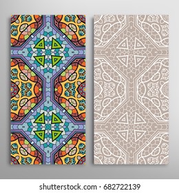 Vertical seamless patterns set, floral geometric lace texture for Wedding, Valentine's day, greeting cards or Birthday Invitations. Decorative seamless backgrounds. Ethnic ornament, border pattern