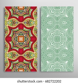Vertical seamless patterns set, floral geometric lace texture for Wedding, Valentine's day, greeting cards or Birthday Invitations. Decorative seamless backgrounds. Ethnic ornament, border pattern