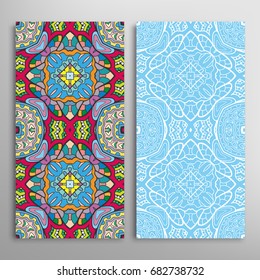 Vertical seamless patterns set, floral geometric lace texture for Wedding, Valentine's day, greeting cards or Birthday Invitations. Decorative seamless backgrounds. Ethnic ornament, border pattern