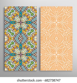Vertical seamless patterns set, floral geometric lace texture for Wedding, Valentine's day, greeting cards or Birthday Invitations. Decorative seamless backgrounds. Ethnic ornament, border pattern