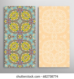 Vertical seamless patterns set, floral geometric lace texture for Wedding, Valentine's day, greeting cards or Birthday Invitations. Decorative seamless backgrounds. Ethnic ornament, border pattern