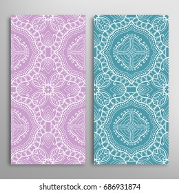 Vertical seamless patterns set, floral geometric lace texture for Wedding, Valentine's day, greeting cards or Birthday Invitations. Decorative seamless backgrounds. Ethnic ornament, border pattern