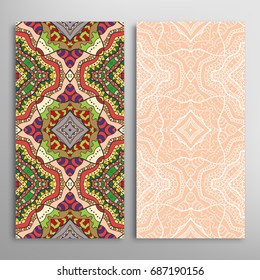 Vertical seamless patterns set, floral geometric lace texture for Wedding, Valentine's day, greeting cards or Birthday Invitations. Decorative seamless backgrounds. Ethnic ornament, border pattern