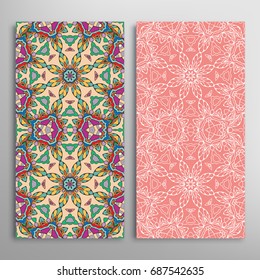 Vertical seamless patterns set, floral geometric lace texture for Wedding, Valentine's day, greeting cards or Birthday Invitations. Decorative seamless backgrounds. Ethnic ornament, border pattern