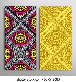 Vertical seamless patterns set, floral geometric lace texture for Wedding, Valentine's day, greeting cards or Birthday Invitations. Decorative seamless backgrounds. Ethnic ornament, border pattern