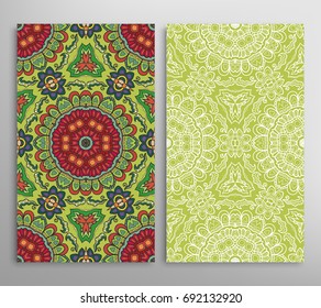 Vertical seamless patterns set, floral geometric lace texture for Wedding, Valentine's day, greeting cards or Birthday Invitations. Decorative seamless backgrounds. Ethnic ornament, border pattern