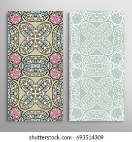 Vertical seamless patterns set, floral geometric lace texture for Wedding, Valentine's day, greeting cards or Birthday Invitations. Decorative seamless backgrounds. Ethnic ornament, border pattern