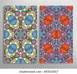 Vertical seamless patterns set, floral geometric lace texture for Wedding, Valentine's day, greeting cards or Birthday Invitations. Decorative seamless backgrounds. Ethnic ornament, border pattern