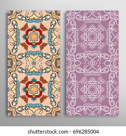 Vertical seamless patterns set, floral geometric lace texture for Wedding, Valentine's day, greeting cards or Birthday Invitations. Decorative seamless backgrounds. Ethnic ornament, border pattern