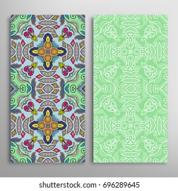 Vertical seamless patterns set, floral geometric lace texture for Wedding, Valentine's day, greeting cards or Birthday Invitations. Decorative seamless backgrounds. Ethnic ornament, border pattern