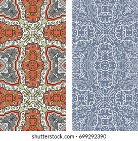 Vertical seamless patterns set, floral geometric lace texture for Wedding, Valentine's day, greeting cards or Birthday Invitations. Decorative seamless backgrounds. Ethnic ornament, border pattern