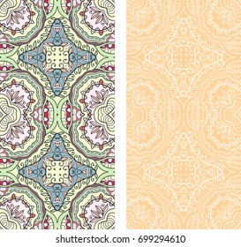 Vertical seamless patterns set, floral geometric lace texture for Wedding, Valentine's day, greeting cards or Birthday Invitations. Decorative seamless backgrounds. Ethnic ornament, border pattern