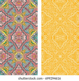 Vertical seamless patterns set, floral geometric lace texture for Wedding, Valentine's day, greeting cards or Birthday Invitations. Decorative seamless backgrounds. Ethnic ornament, border pattern