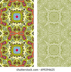 Vertical seamless patterns set, floral geometric lace texture for Wedding, Valentine's day, greeting cards or Birthday Invitations. Decorative seamless backgrounds. Ethnic ornament, border pattern