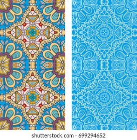 Vertical seamless patterns set, floral geometric lace texture for Wedding, Valentine's day, greeting cards or Birthday Invitations. Decorative seamless backgrounds. Ethnic ornament, border pattern