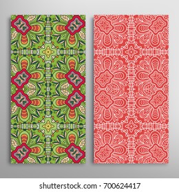 Vertical seamless patterns set, floral geometric lace texture for Wedding, Valentine's day, greeting cards or Birthday Invitations. Decorative seamless backgrounds. Ethnic ornament, border pattern