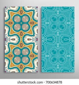 Vertical seamless patterns set, floral geometric lace texture for Wedding, Valentine's day, greeting cards or Birthday Invitations. Decorative seamless backgrounds. Ethnic ornament, border pattern