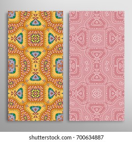 Vertical seamless patterns set, floral geometric lace texture for Wedding, Valentine's day, greeting cards or Birthday Invitations. Decorative seamless backgrounds. Ethnic ornament, border pattern
