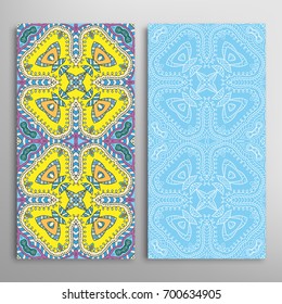 Vertical seamless patterns set, floral geometric lace texture for Wedding, Valentine's day, greeting cards or Birthday Invitations. Decorative seamless backgrounds. Ethnic ornament, border pattern