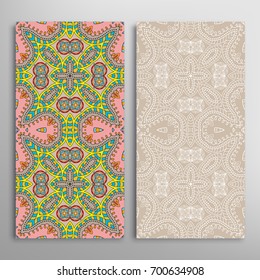 Vertical seamless patterns set, floral geometric lace texture for Wedding, Valentine's day, greeting cards or Birthday Invitations. Decorative seamless backgrounds. Ethnic ornament, border pattern