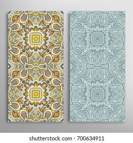 Vertical seamless patterns set, floral geometric lace texture for Wedding, Valentine's day, greeting cards or Birthday Invitations. Decorative seamless backgrounds. Ethnic ornament, border pattern