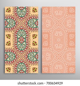 Vertical seamless patterns set, floral geometric lace texture for Wedding, Valentine's day, greeting cards or Birthday Invitations. Decorative seamless backgrounds. Ethnic ornament, border pattern