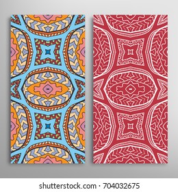 Vertical seamless patterns set, floral geometric lace texture for Wedding, Valentine's day, greeting cards or Birthday Invitations. Decorative seamless backgrounds. Ethnic ornament, border pattern
