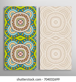 Vertical seamless patterns set, floral geometric lace texture for Wedding, Valentine's day, greeting cards or Birthday Invitations. Decorative seamless backgrounds. Ethnic ornament, border pattern