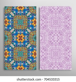 Vertical seamless patterns set, floral geometric lace texture for Wedding, Valentine's day, greeting cards or Birthday Invitations. Decorative seamless backgrounds. Ethnic ornament, border pattern