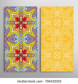 Vertical seamless patterns set, floral geometric lace texture for Wedding, Valentine's day, greeting cards or Birthday Invitations. Decorative seamless backgrounds. Ethnic ornament, border pattern
