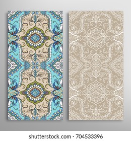 Vertical seamless patterns set, floral geometric lace texture for Wedding, Valentine's day, greeting cards or Birthday Invitations. Decorative seamless backgrounds. Ethnic ornament, border pattern