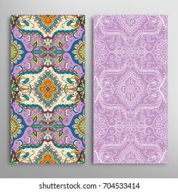 Vertical seamless patterns set, floral geometric lace texture for Wedding, Valentine's day, greeting cards or Birthday Invitations. Decorative seamless backgrounds. Ethnic ornament, border pattern