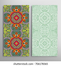 Vertical seamless patterns set, floral geometric lace texture for Wedding, Valentine's day, greeting cards or Birthday Invitations. Decorative seamless backgrounds. Ethnic ornament, border pattern