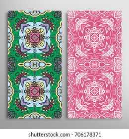 Vertical seamless patterns set, floral geometric lace texture for Wedding, Valentine's day, greeting cards or Birthday Invitations. Decorative seamless backgrounds. Ethnic ornament, border pattern