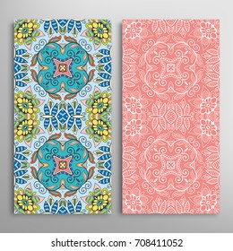 Vertical seamless patterns set, floral geometric lace texture for Wedding, Valentine's day, greeting cards or Birthday Invitations. Decorative seamless backgrounds. Ethnic ornament, border pattern