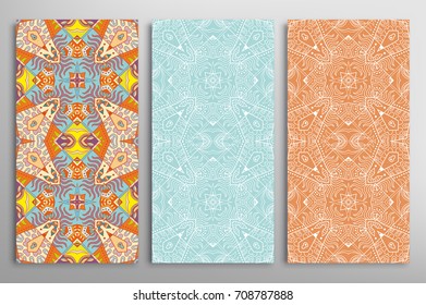 Vertical seamless patterns set, floral geometric lace texture for Wedding, Valentine's day, greeting cards or Birthday Invitations. Decorative seamless backgrounds. Ethnic ornament, border pattern
