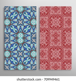Vertical seamless patterns set, floral geometric lace texture for Wedding, Valentine's day, greeting cards or Birthday Invitations. Decorative seamless backgrounds. Ethnic ornament, border pattern