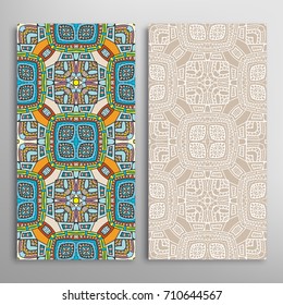 Vertical seamless patterns set, floral geometric lace texture for Wedding, Valentine's day, greeting cards or Birthday Invitations. Decorative seamless backgrounds. Ethnic ornament, border pattern