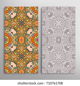 Vertical seamless patterns set, floral geometric lace texture for Wedding, Valentine's day, greeting cards or Birthday Invitations. Decorative seamless backgrounds. Ethnic ornament, border pattern