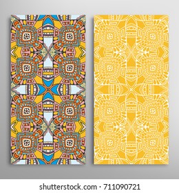 Vertical seamless patterns set, floral geometric lace texture for Wedding, Valentine's day, greeting cards or Birthday Invitations. Decorative seamless backgrounds. Ethnic ornament, border pattern