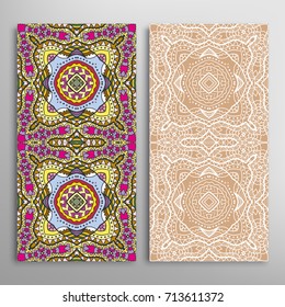 Vertical seamless patterns set, floral geometric lace texture for Wedding, Valentine's day, greeting cards or Birthday Invitations. Decorative seamless backgrounds. Ethnic ornament, border pattern