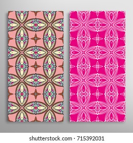 Vertical seamless patterns set, floral geometric lace texture for Wedding, Valentine's day, greeting cards or Birthday Invitations. Decorative seamless backgrounds. Ethnic ornament, border pattern