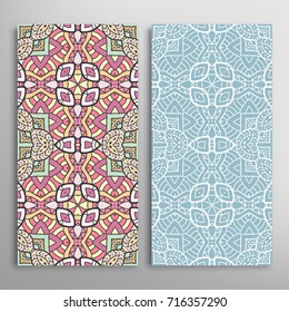 Vertical seamless patterns set, floral geometric lace texture for Wedding, Valentine's day, greeting cards or Birthday Invitations. Decorative seamless backgrounds. Ethnic ornament, border pattern