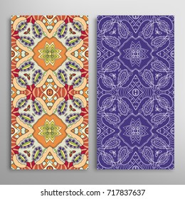 Vertical seamless patterns set, floral geometric lace texture for Wedding, Valentine's day, greeting cards or Birthday Invitations. Decorative seamless backgrounds. Ethnic ornament, border pattern
