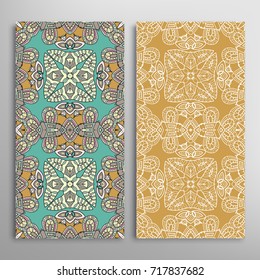 Vertical seamless patterns set, floral geometric lace texture for Wedding, Valentine's day, greeting cards or Birthday Invitations. Decorative seamless backgrounds. Ethnic ornament, border pattern
