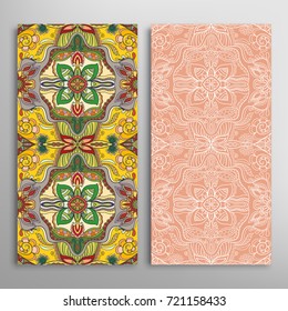 Vertical seamless patterns set, floral geometric lace texture for Wedding, Valentine's day, greeting cards or Birthday Invitations. Decorative seamless backgrounds. Ethnic ornament, border pattern