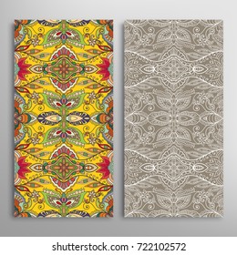 Vertical seamless patterns set, floral geometric lace texture for Wedding, Valentine's day, greeting cards or Birthday Invitations. Decorative seamless backgrounds. Ethnic ornament, border pattern