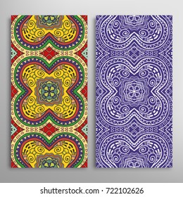 Vertical seamless patterns set, floral geometric lace texture for Wedding, Valentine's day, greeting cards or Birthday Invitations. Decorative seamless backgrounds. Ethnic ornament, border pattern