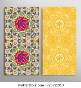 Vertical seamless patterns set, floral geometric lace texture for Wedding, Valentine's day, greeting cards or Birthday Invitations. Decorative seamless backgrounds. Ethnic ornament, border pattern