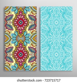 Vertical seamless patterns set, floral geometric lace texture for Wedding, Valentine's day, greeting cards or Birthday Invitations. Decorative seamless backgrounds. Ethnic ornament, border pattern